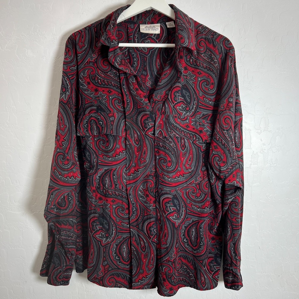 Linda Allard Ellen Tracy 100% Silk Red Gray Paisley Blouse 14 VTG office work